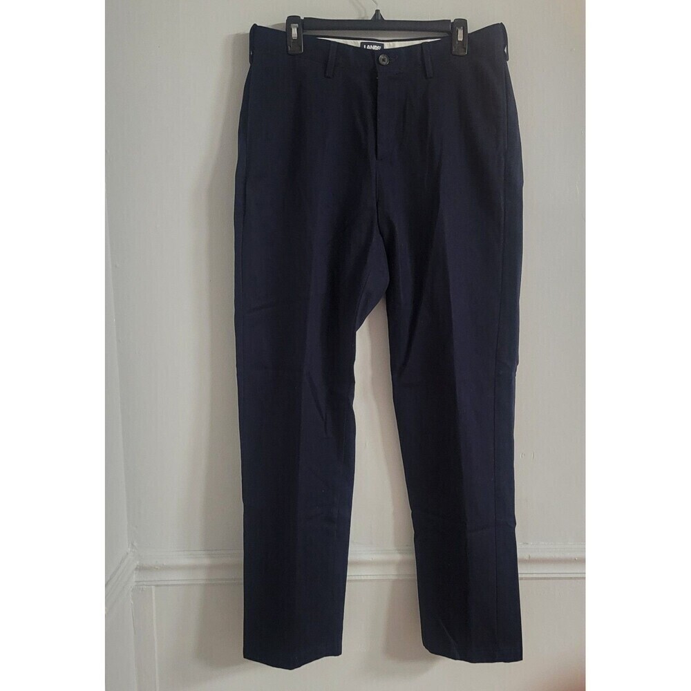 Lands End Mens 33WX32L Flat Front Chino Blue Khaki Pants Uniform Blend